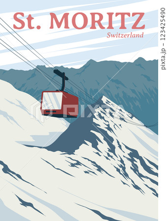 red ski cable car in st. moritz poster design, vintage poster switzerland national park vector design red ski cable car in st. moritz poster design, vintage poster switzerland national park vector design 123425490