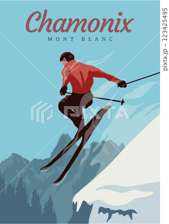 jumping skier extreme winter sport. ski travel vintage poster in chamonix mont blanc vector illustration design jumping skier extreme winter sport. ski travel vintage poster in chamonix mont blanc vector illustration design 123425495