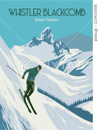 poster of whistler blackcomb background illustration design, man skier running downhill on british columbia ski resort poster of whistler blackcomb background illustration design, man skier running downhill on british columbia ski resort 123425506