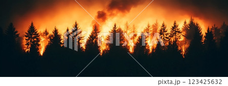 Huge flames and thick smoke rising above the silhouette of coniferous trees during a devastating night forest fire, creating a dramatic and apocalyptic scene 123425632