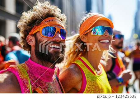 Smiling man and woman ready to race at marathon starting line on bright sunny day 123425638