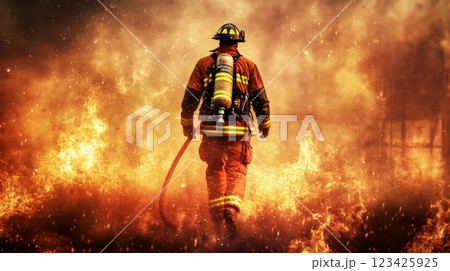 Firefighter navigating through intense flames and thick smoke, equipped with an oxygen tank and protective gear, while carrying a fire hose during an emergency response situation Firefighter navigating through intense flames and thick smoke, equipped with an oxygen tank and protective gear, while carrying a fire hose during an emergency response situation 123425925