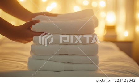 Hotel maid placing a stack of fresh white towels on a made bed, creating a welcoming atmosphere in a cozy room illuminated by warm, inviting lighting 123425942
