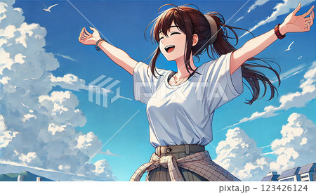 青空の下で自由を感じる女性 123426124