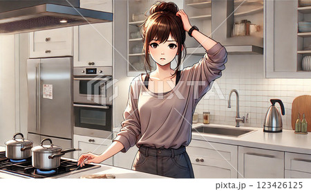 料理に悩む女性｜キッチンで困惑する日本人女性 123426125