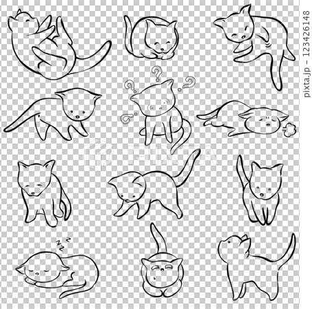 A dozen characters of cute cat cartoon line drawings 123426148