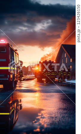 Firefighters are working together to extinguish a house fire at sunset, with fire trucks parked on a wet street reflecting the dramatic sky and the scene Firefighters are working together to extinguish a house fire at sunset, with fire trucks parked on a wet street reflecting the dramatic sky and the scene 123426150