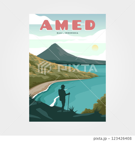 amed beach bali travel vintage poster illustration design, sea view landscape background design amed beach bali travel vintage poster illustration design, sea view landscape background design 123426408