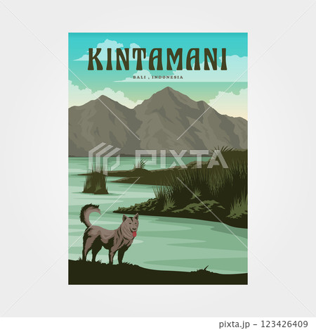 kintamani village bali travel poster vintage illustration design, dog and outdoor view poster design kintamani village bali travel poster vintage illustration design, dog and outdoor view poster design 123426409