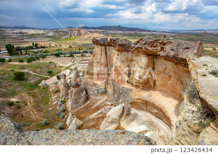 Discovering the breathtaking rock formations of Cappadocia under a cloudy sky Discovering the breathtaking rock formations of Cappadocia under a cloudy sky 123426434