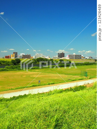 土手から見る真夏の野球場のある江戸川河川敷風景 土手から見る真夏の野球場のある江戸川河川敷風景 123426489