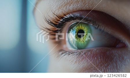 Extreme close up highlighting a woman's green eye with intricate details of the iris, pupil, and eyelashes, perfect for ophthalmology and beauty projects Extreme close up highlighting a woman's green eye with intricate details of the iris, pupil, and eyelashes, perfect for ophthalmology and beauty projects 123426582