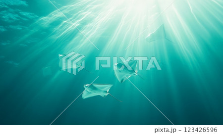 Sunbeams filtering through the turquoise ocean water illuminate eagle rays gliding gracefully in the depths, creating a tranquil and mesmerizing underwater scene filled with beauty 123426596