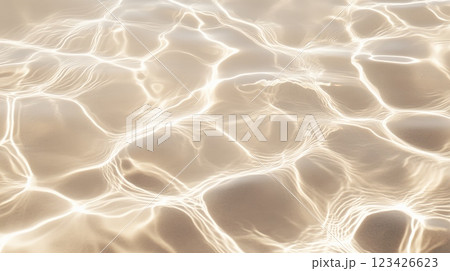 Rippling water surface captures the mesmerizing interplay of light and shadow, creating intricate patterns. Raindrops gently disturb the surface, adding dynamic movement to the serene scene 123426623