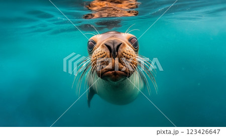 Close up of a sea lion swimming underwater in turquoise water, its whiskers prominent against the clear backdrop, creating a captivating portrait of marine wildlife 123426647