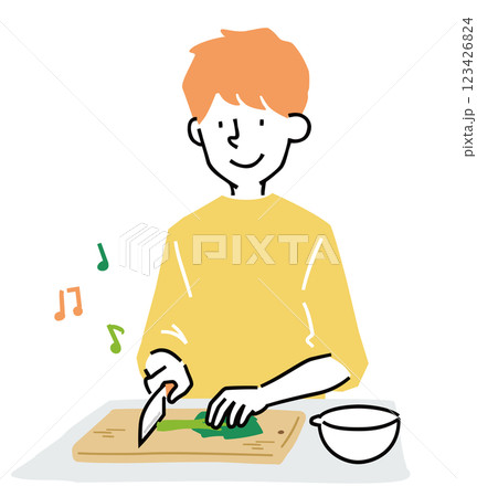 包丁で野菜を切る男性のイラスト 123426824