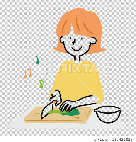 一位婦女用刀切蔬菜的插圖 一位婦女用刀切蔬菜的插圖 123426825