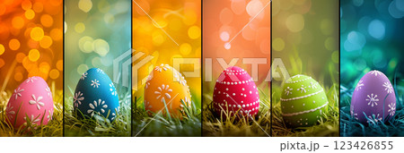 Easter-themed photo background featuring colorful eggs in vertical panels Easter-themed photo background featuring colorful eggs in vertical panels 123426855