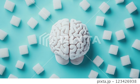 White anatomical brain model is surrounded by refined sugar cubes on a vibrant turquoise background, illustrating sugar's effect on cognitive function and mental health White anatomical brain model is surrounded by refined sugar cubes on a vibrant turquoise background, illustrating sugar's effect on cognitive function and mental health 123426938