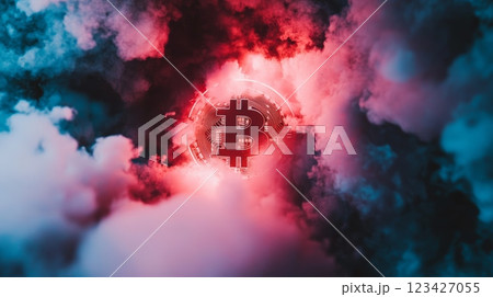 Bitcoin logo surrounded by vibrant red and blue smoke creating a dramatic and mysterious atmosphere, symbolizing the volatile and uncertain nature of cryptocurrency Bitcoin logo surrounded by vibrant red and blue smoke creating a dramatic and mysterious atmosphere, symbolizing the volatile and uncertain nature of cryptocurrency 123427055