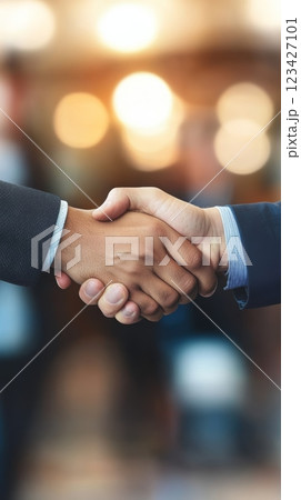 Two businessmen shaking hands after reaching an agreement during a meeting in a blurred office background, symbolizing successful partnership and cooperation 123427101