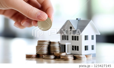Hand dropping coin on stack of coins next to small house model representing investment, savings, or mortgage for real estate purchase Hand dropping coin on stack of coins next to small house model representing investment, savings, or mortgage for real estate purchase 123427145