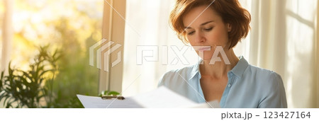 Businesswoman carefully reviews a mortgage agreement at sunset, planning a home purchase. She analyzes the document in her office, considering real estate options Businesswoman carefully reviews a mortgage agreement at sunset, planning a home purchase. She analyzes the document in her office, considering real estate options 123427164