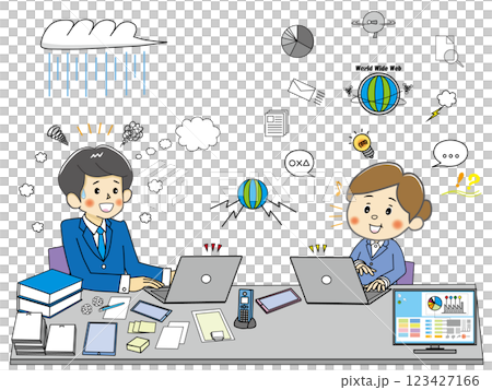 DXとABWの職場作業環境で快適に仕事をする女性と駄目な男性 DXとABWの職場作業環境で快適に仕事をする女性と駄目な男性 123427166