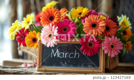 Chalkboard with march text surrounded by colorful flowers for spring Chalkboard with march text surrounded by colorful flowers for spring 123427169