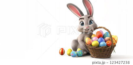 Charming easter banner: cartoon bunny with basket with colorful eggs and daffodils 123427238