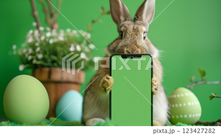 Adorable easter bunny with phone surrounded by colorful eggs and festive decor 123427282