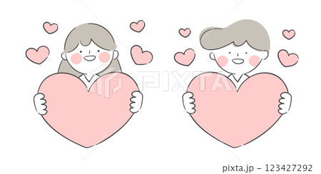 Character illustration of a male and female holding large heart shapes 123427292