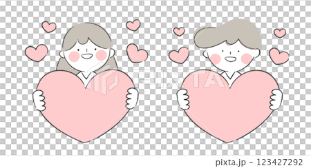 Character illustration of a male and female holding large heart shapes 123427292