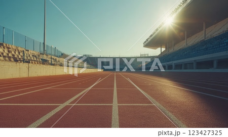 The serene athletics stadium at sunrise, empty yet full of energy, symbolizes determination, focus, and the pursuit of fitness and wellness 123427325