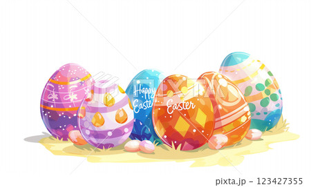 Vibrant easter day banner featuring colorful decorated eggs and festive text 123427355