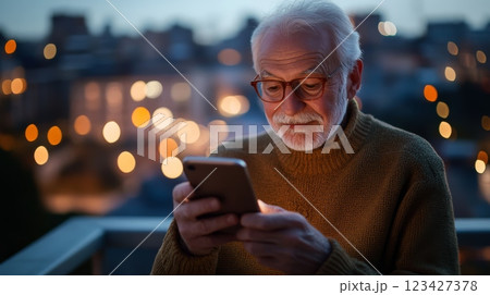 Elderly man with glasses and brown sweater using smartphone on balcony at night, enjoying city lights view in the background 123427378