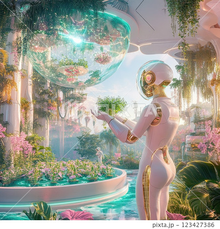 Robot tending to a vibrant garden in a futuristic city, showcasing advanced technology and lush greenery 123427386