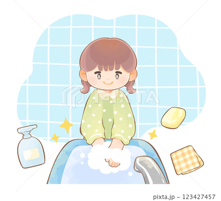 手を洗う子ども 女の子 手を洗う子ども 女の子 123427457