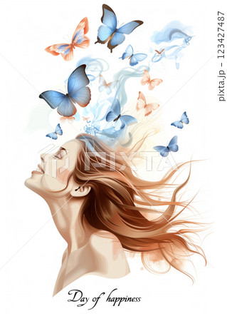 A beautiful woman surrounded by blue butterflies on a day of happiness 123427487