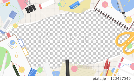 破れた方眼紙と文房具のフレーム背景、ポップなデザイン 123427540
