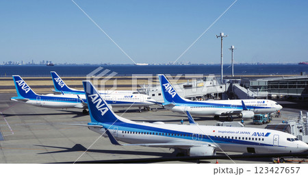 青空の下に並ぶANA機体：羽田空港の美しい風景 123427657