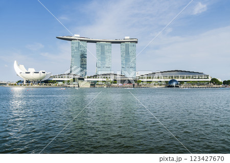 Building view of the Marina Bay Sands, there is an integrated resort fronting Marina Bay in Singapore, including a hotel, exhibition centre, Shopping mall, museum, casino, etc. 123427670