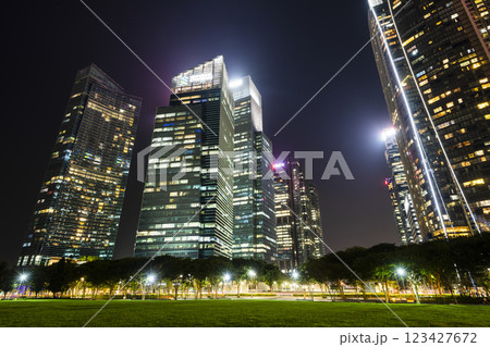 Night view of the Marina Bay Financial Centre and the Raffles Place modern office skyscrapers in Singapore. Night view of the Marina Bay Financial Centre and the Raffles Place modern office skyscrapers in Singapore. 123427672