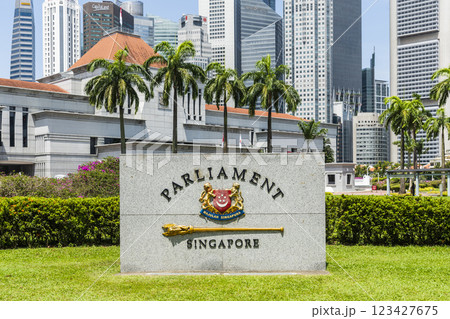 View of the Singapore Parliament House, a public building and a cultural landmark on the bank of the Singapore River, with a background of Financial District skyscrapers. 123427675
