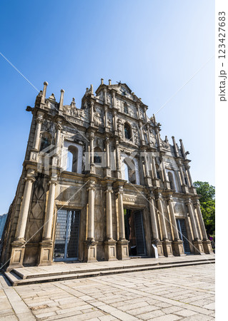 The ruins of St. Paul's Cathedral at Jesus Company Square in Macau, China, is a historic architectural landmark, and a UNESCO World Heritage. The ruins of St. Paul's Cathedral at Jesus Company Square in Macau, China, is a historic architectural landmark, and a UNESCO World Heritage. 123427683