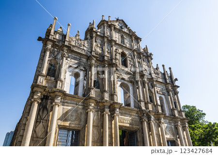 The ruins of St. Paul's Cathedral at Jesus Company Square in Macau, China, is a historic architectural landmark, and a UNESCO World Heritage. 123427684