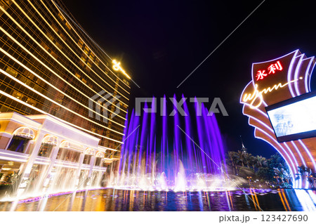 Beautiful night view of Wynn Performance Lake displays water, music, and light show, is a hotel casino resort in Macau, China. 123427690