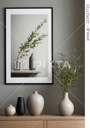 shelf with beautiful vases and photo frames on wall. Still life 123427725