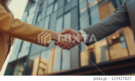 Two business partners shaking hands after striking a deal in front of a modern office building, symbolizing successful collaboration and partnership Two business partners shaking hands after striking a deal in front of a modern office building, symbolizing successful collaboration and partnership 123427827