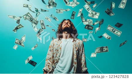 Young man with long hair is standing with his head tilted back and eyes closed, enjoying a shower of dollar bills falling around him against a vibrant turquoise backdrop 123427828